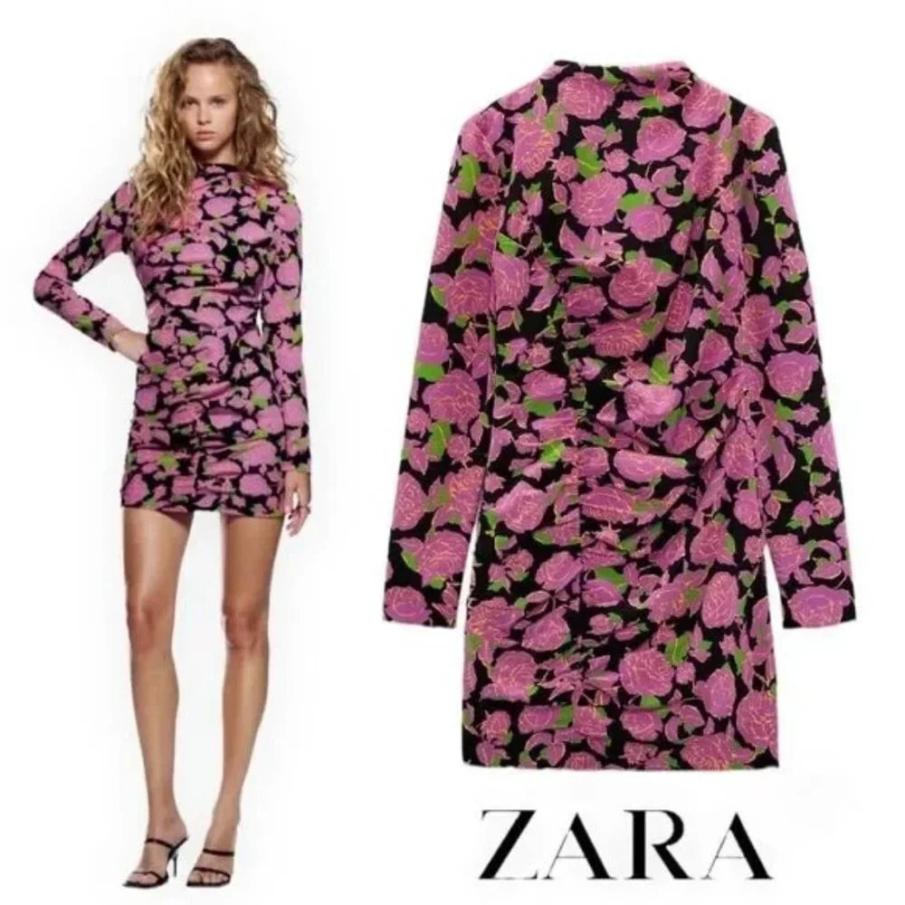 New Zara Black Pink Rose Full Sleeved Floral Dress $89